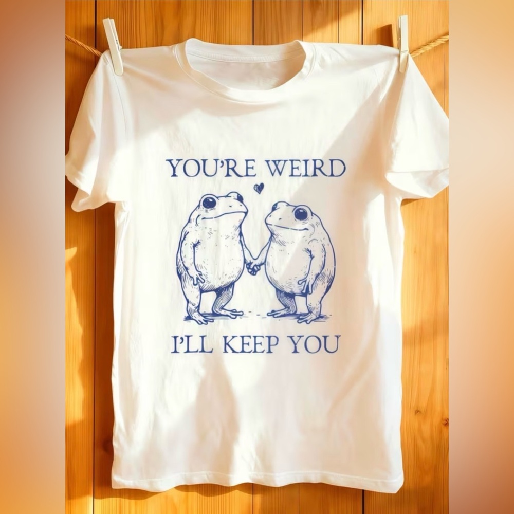 Frogs Print Tee Shirt Blue Lettering You’re Weird L Cotton